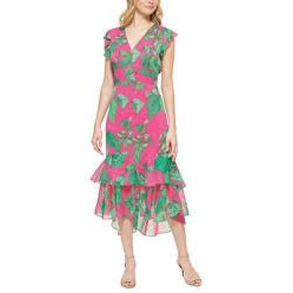 Tommy Hilfiger Pink Green Tropical Leaf Ruffle Midi Dress Size 8 Flutter Sleeve